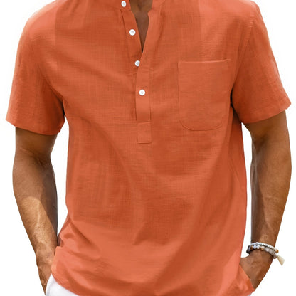 Men's Shirt Top, Solid Band Collar Short Sleeve Closure Summer Male Casual Henley Shirt For Daily Business Formal Shirts For Men