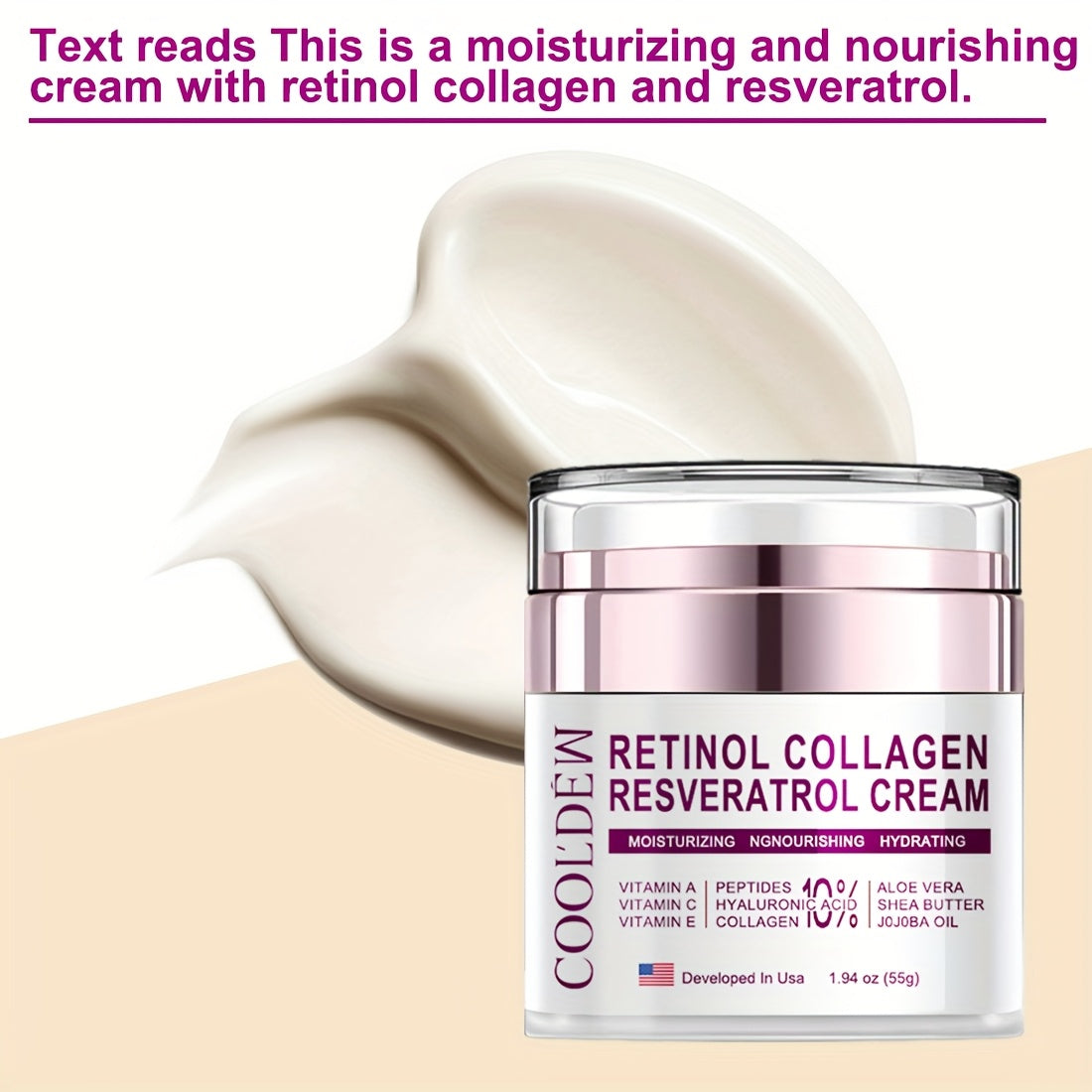 COOLDEW Luxury Retinol Collagen Resveratrol Cream with 10% Peptides, Hyaluronic Acid, Shea Butter & Vitamin A/C/E - Paraben-Free, Fragrance-Free, Non-Greasy Moisturizing for All Light Beige Types (Sensitive, Dry, Oily) - Day