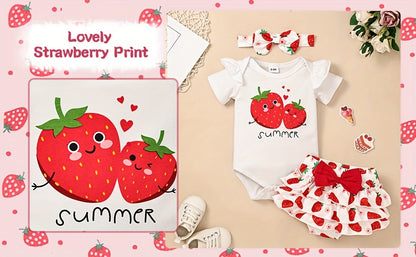 Conjunto de Roupa Infantil para Bebé Menina com Estampado de Abacate: Macacão, Calções e Fita para o Cabelo - 3 Peças - Ideal para o Verão e Atividades ao Ar Livre