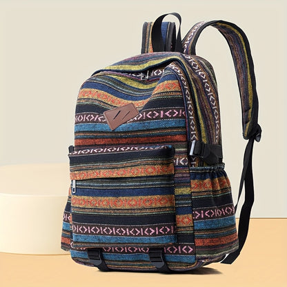 2025 vintage style backpack with adjustable straps, multiple compartments in brown, red, blue, and gray, large capacity travel and vacation backpack, travel backpack