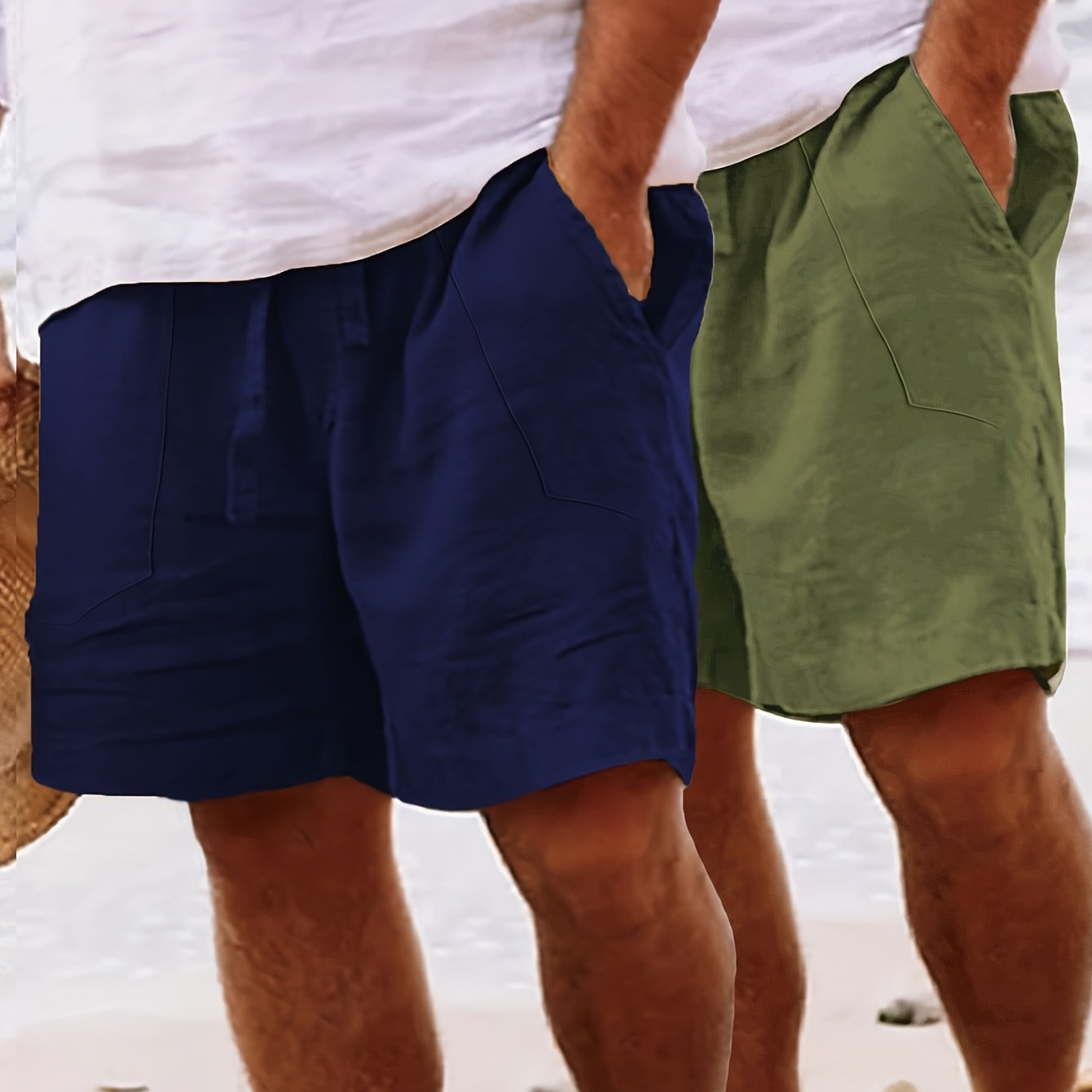 2pcs Men's Casual Shorts - Regular Fit with Pockets, Solid Color (Black & Beige), Breathable Fabric for Summer, Beach & Casual Attire, Warm Weather Clothing, Timeless Style, Lightweight Material, Summer Wardrobe