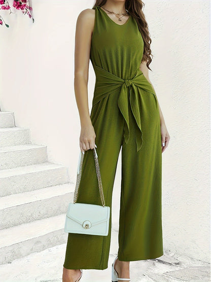 V Neck Knotted Jumpsuit, Casual Wide Leg Sleeveless Jumpsuit For Spring & Summer, Women's Clothing