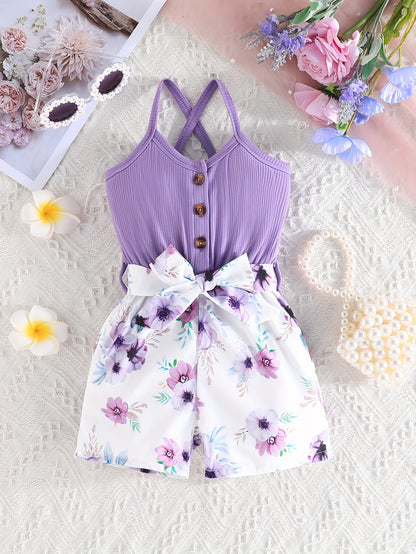 Girls' Summer Casual Floral Print Off-Shoulder Jumpsuit with Adjustable Waist Belt - Lightweight Breathable Shorts for Outdoor Play & Daily Wear, Blue & White Flower Design, Perfect for Weekend Outings, Cute Outfits for Girls