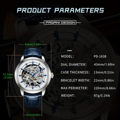 Pagani Design 2023 Men's Automatic Skeleton Watch, Self-Winding, Stainless Steel, Leather Strap, Pointer Series, Water Resistant To 100 Meters Sports Leather Watch