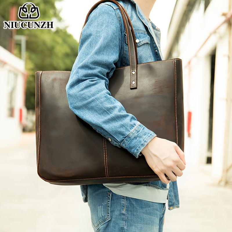 NIUCUNZH Men's Vintage Genuine Leather Tote Bag, Top Layer Cowhide, Large Capacity Shoulder Bag for Going Out, Briefcase Style Handbag, Maintenance Free