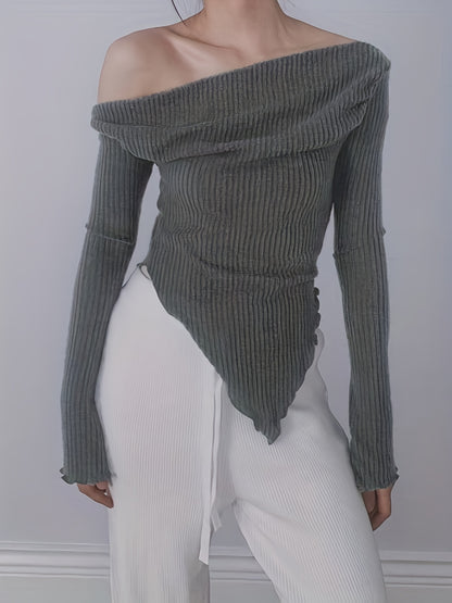 Solid Ruched Asymmetrical Neck T-Shirt, Casual Hanky Hem Long Sleeve Top For Spring & Fall, Women's Clothing