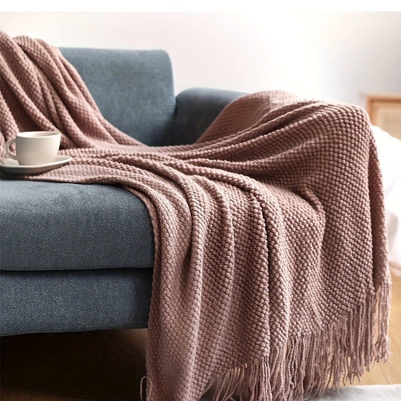 1pc Throw Blanket with Tassels, Bubble Textured Lightweight Throw Blanket for Couch Bed Sofa Home Decor