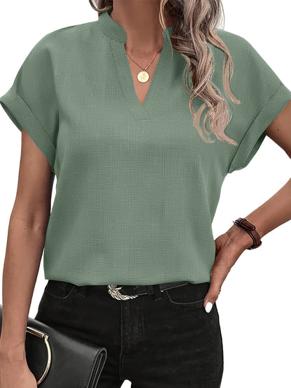 Solid Color V Neck Blouse, Casual Short Sleeve Top For Spring & Summer, Women's Clothing