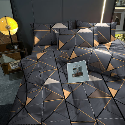 3pcs Set, Golden Striped Triangle Print Duvet Cover Bedding Kit, Soft and Comfortable Breathable, Suitable for Bedroom Guest Room School Dorm Decor 1 * Duvet Cover + 2 *, Pillowcases, Duvet Cover Set