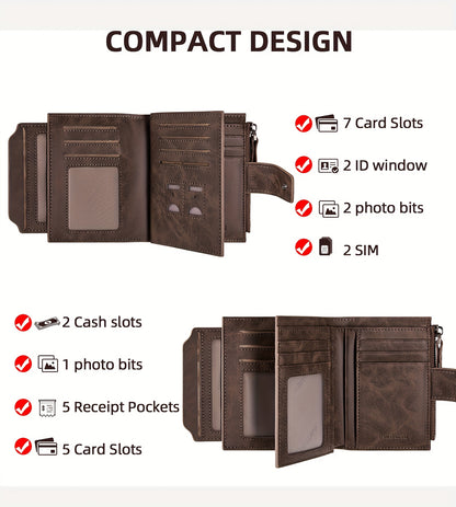 BANYANU Vintage Genuine Leather Wallet for Men - RFID Blocking, 17 Card Slots, Zippered Coin Pocket & Independent Card Holder, Brown, Perfect Father'S Day Gift, Secure Card Storage | Vintage Wallet | Durable Zipper Closure, B