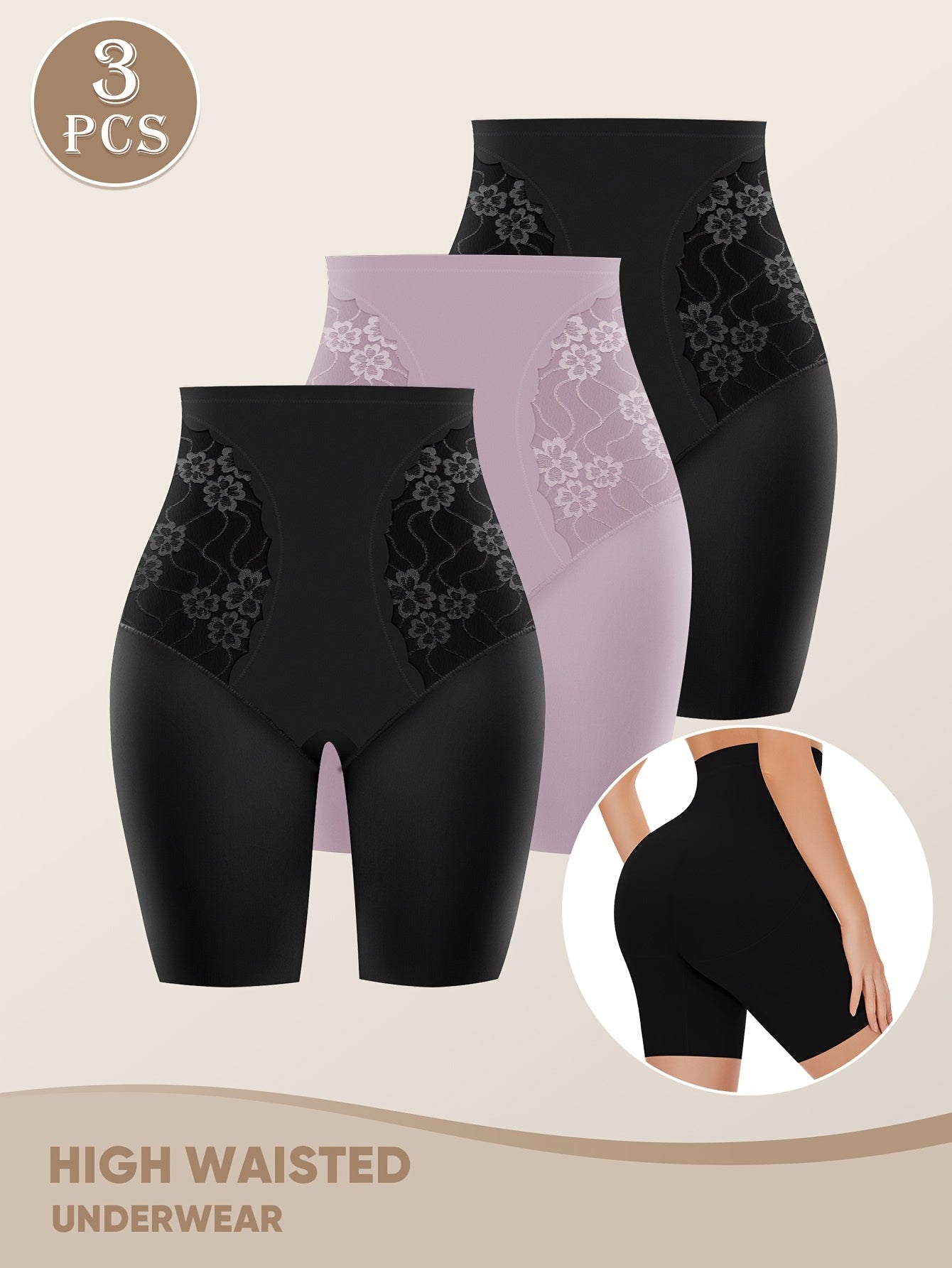 3pcs High-Waisted Tummy Control Women's Underwear, Boxer Briefs, Safety Pants with Mesh Breathable Lace Trim for Summer and Leg Shaping, Seamless Tummy Control Underwear, High Waist Panty, Panties for Women Plus Size, High Wa