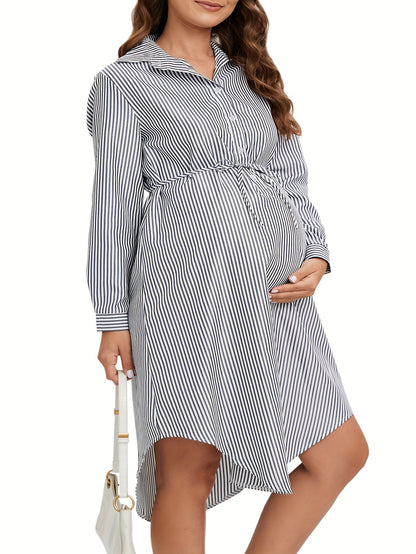 Elegant Striped Maternity Dress with Belt - Long Sleeve, Knee-Length Shirt Style for Women, Machine Washable, Loose, Collar