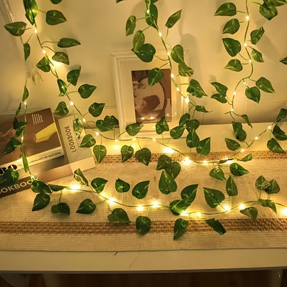 2m/6.56ft 20 LED Green Leaf String Lights Garden Lights, New Year Decorations String Lights, Wedding Thanksgiving Christmas Decoration String Lights (Batteries Not Included)