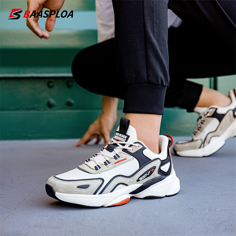 BAASPLOA Men's Sneakers - Lightweight Sneakers with Cushioned MD/TPR Sole, Beige/Black/Red Accent - Gym, Running, Everyday Shoes - Lace-Up Closure - All-Season (Spring/Fall/Summer) - Ideal for Men, Flexible Footwear