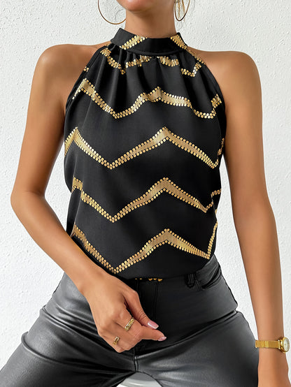 Graphic Print Tie Neck Blouse, Elegant Sleeveless Blouse For Spring & Summer, Women's Clothing