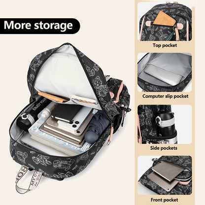A set of youth vintage printed fashion backpacks, suitable for girls' campus commuting, travel backpack with a capacity of about 25 liters (height about 46cm), can hold a laptop, and the print position is random