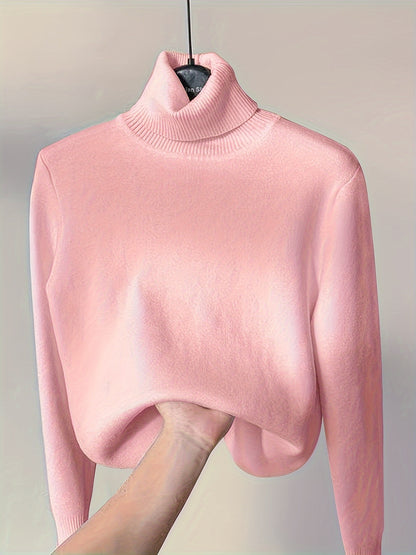 Solid Turtle Neck Pullover Sweater, Casual Long Sleeve Thermal Sweater For Fall & Winter, Women's Clothing