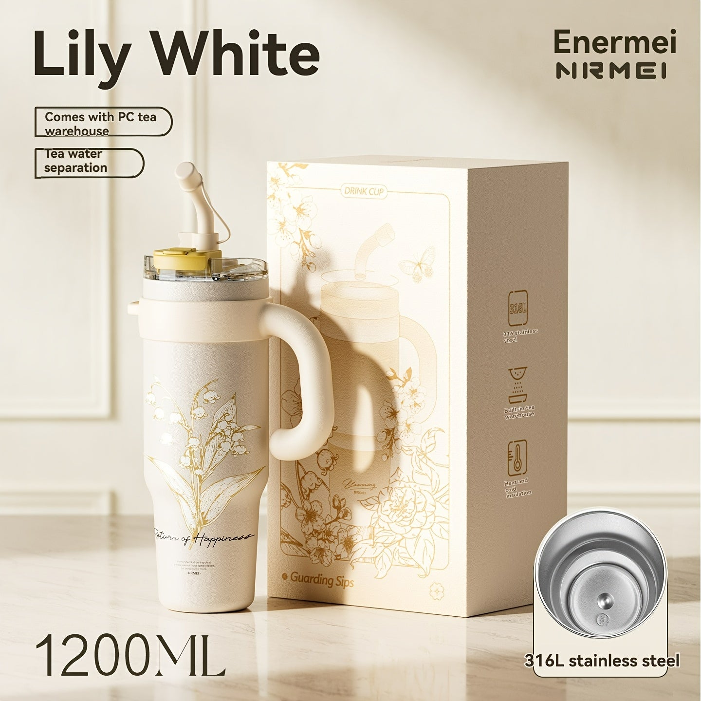 Garrafa de água NRMEI de aço inoxidável de 1,2 litros com pega - Boca dupla - À prova de fugas - Adequada para suportes de copos de automóvel