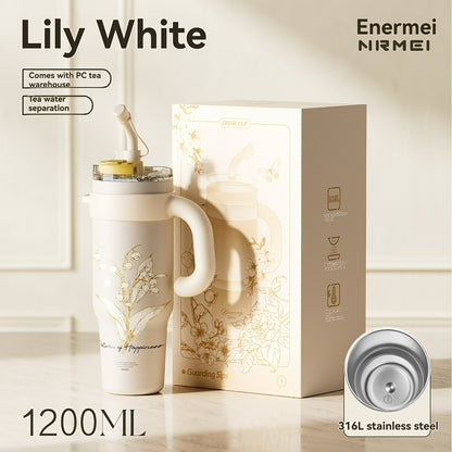 Garrafa de água NRMEI de aço inoxidável de 1,2 litros com pega - Boca dupla - À prova de fugas - Adequada para suportes de copos de automóvel