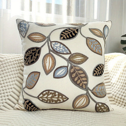 1pc Leaf Embroidered Decorative Throw Pillow Case, Canvas Cushion Cover For Living Room, Home Decor