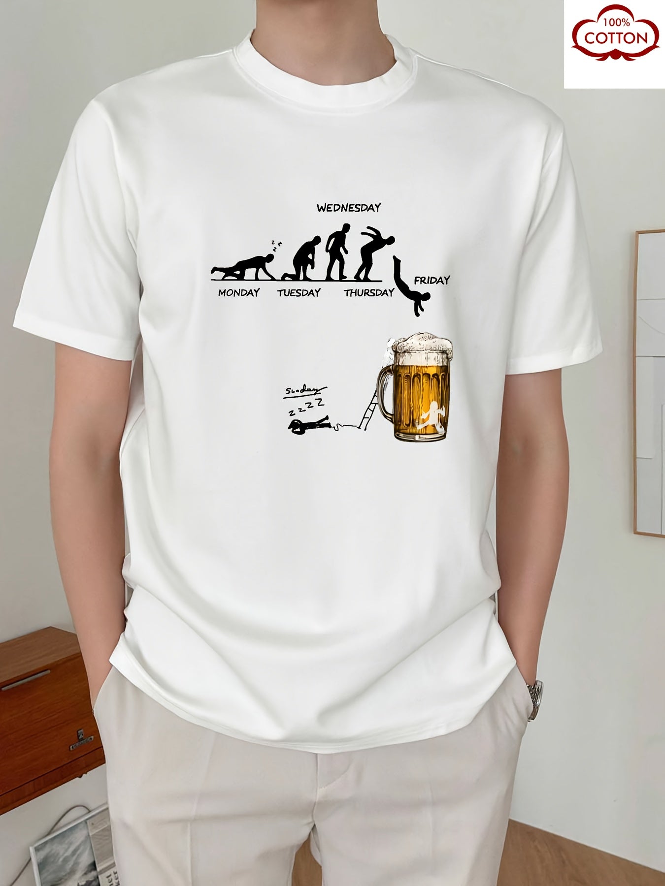 Men'S 100% Cotton Graphic T-Shirt - "Wednesday" Beer Mug Design, Casual Crew Neck, Short Sleeve, Regular Fit, 210g/㎡, Perfect for Barbecues & Parties, Party Tshirt | Playful Design | Durable Fabri