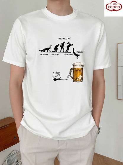 Men'S 100% Cotton Graphic T-Shirt - "Wednesday" Beer Mug Design, Casual Crew Neck, Short Sleeve, Regular Fit, 210g/㎡, Perfect for Barbecues & Parties, Party Tshirt | Playful Design | Durable Fabri