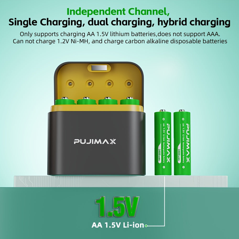 PUJIMAX rechargeable lithium battery 8 +8 slot charging box, 3400mWh high-performance 1.5V lithium battery, durable rechargeable AA lithium-ion battery and all-purpose charging box - yellow charging box. Only 1.5V rechargeabl