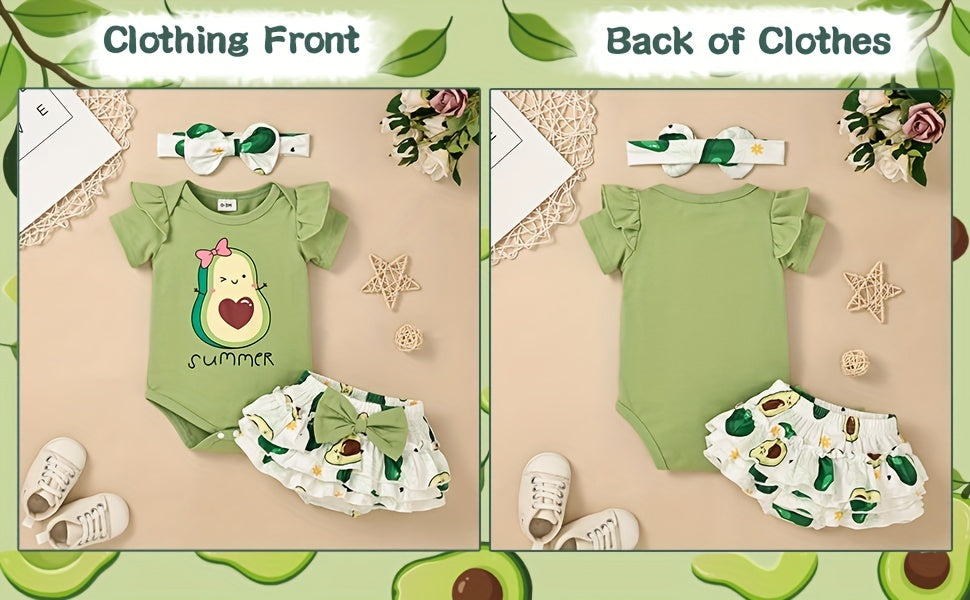 Conjunto de Roupa Infantil para Bebé Menina com Estampado de Abacate: Macacão, Calções e Fita para o Cabelo - 3 Peças - Ideal para o Verão e Atividades ao Ar Livre