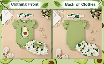Conjunto de Roupa Infantil para Bebé Menina com Estampado de Abacate: Macacão, Calções e Fita para o Cabelo - 3 Peças - Ideal para o Verão e Atividades ao Ar Livre