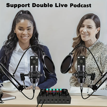 All-in-One Streaming Audio Kit with BM800 Microphone, V8S Mixer, and Multiple Accessories - Durable Metal Body, USB/Power Supply, Noise Cancellation, One-Click Sound Effects, Dual Device Connection, Ideal for Podcasting, YouT