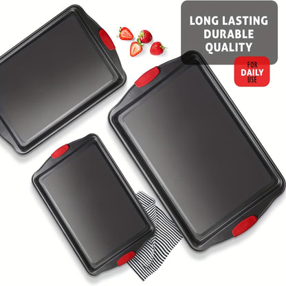 Non-stick Pan Baking Tray, with Red Silicone Handle, Kitchen Baking Plate, Heat-resistant and Non-Sticking, Home Use Baking Tray, Cake, Oven Cookie Baking, Rectangular Cookie Tray, Easy to Clean, Suitable for Cookies, Cakes a