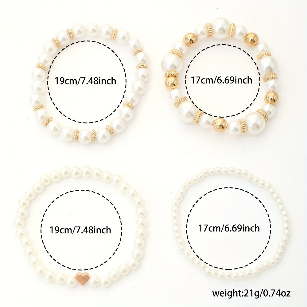 4pcs Set Real-Looking Faux Imitation Pearl Bracelet & Necklace-like Bead Set (No Coating) - White & Imitation Pearl with Golden-Tone Caps, Matching Large Beads - Wedding, Party, Daily Wear - Luxury Year-Round Collection for W