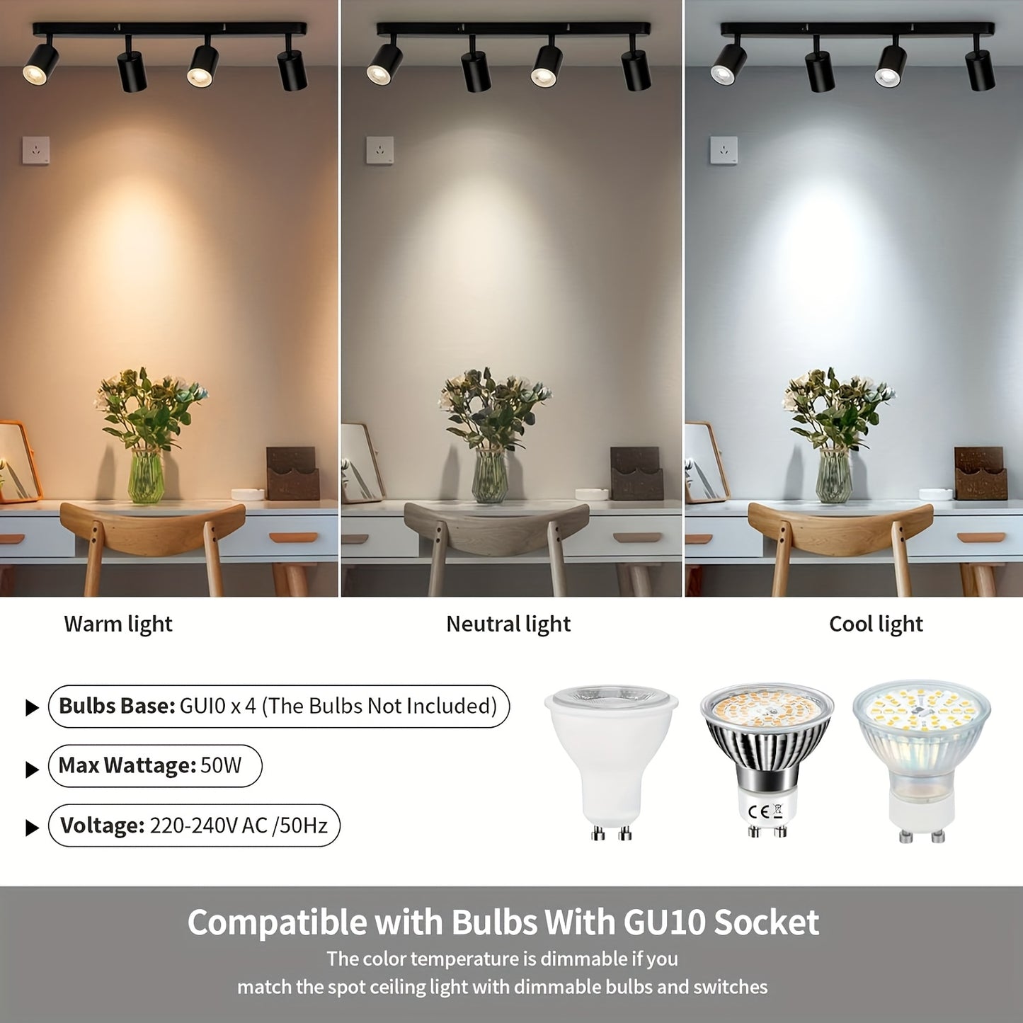 1pc LED Ceiling Light with 4 Bulbs, Rotatable GU10 Spotlight Bar Pendant Lamp in Black & White, Modern Kitchen Bedroom Living Room Ceiling Fixture (Bulbs Not Included)