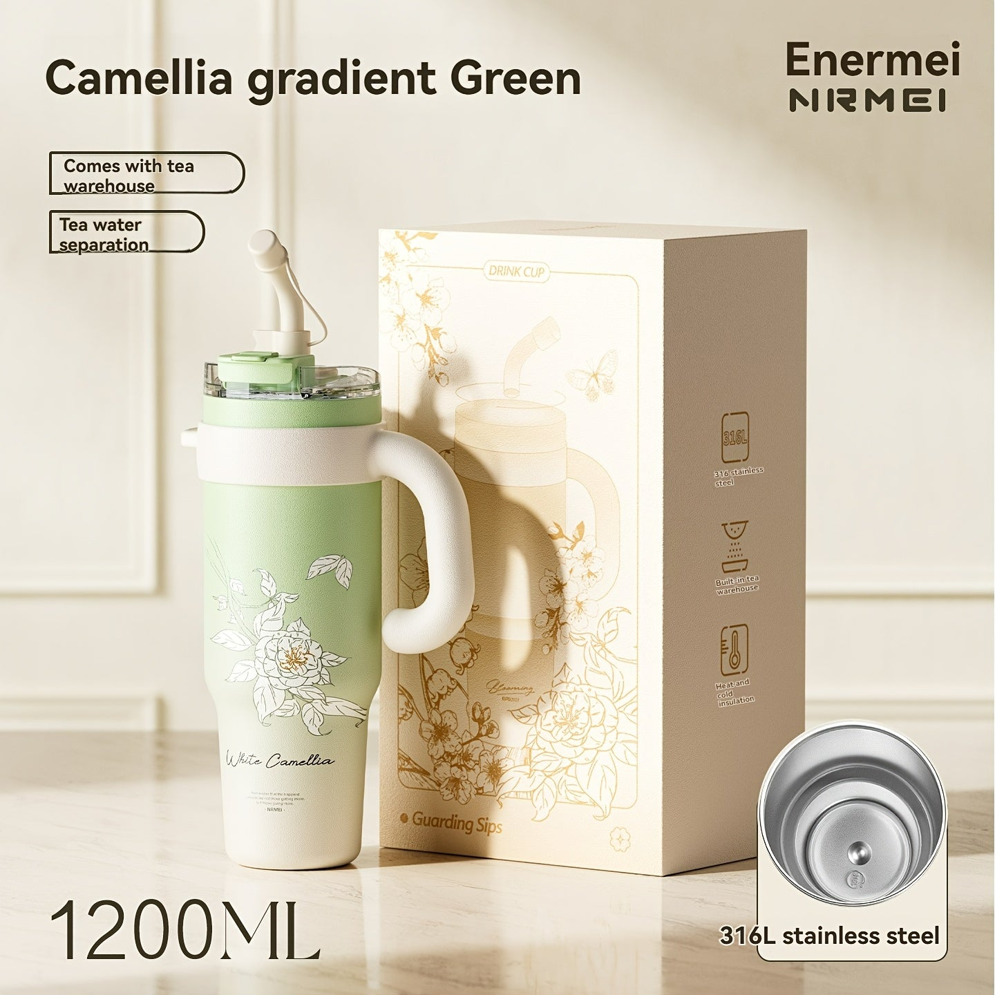 Garrafa de água NRMEI de aço inoxidável de 1,2 litros com pega - Boca dupla - À prova de fugas - Adequada para suportes de copos de automóvel