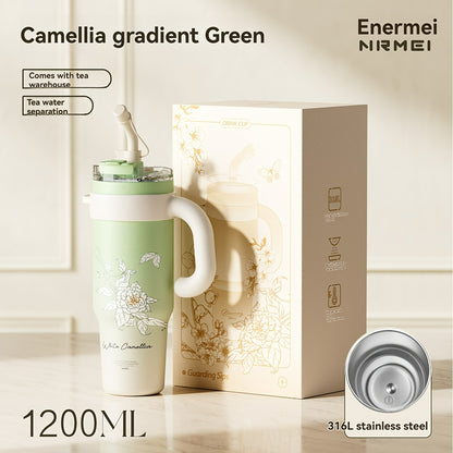 Garrafa de água NRMEI de aço inoxidável de 1,2 litros com pega - Boca dupla - À prova de fugas - Adequada para suportes de copos de automóvel