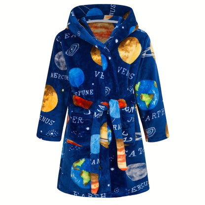 Kids Flannel Bathrobes Boys Hoodie Robes Soft Astronaut Planet Print Sleepwear Kids Clothes
