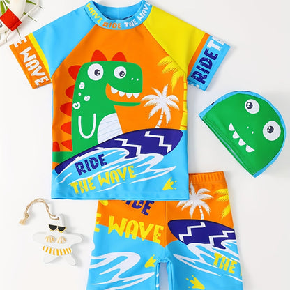 Boys' Dinosaur "Ride the Wave" Swimsuit Set with Matching Cap - Stretchy, Quick-Dry Polyester/Elastane Blend, Crew Neck Top & Shorts for Youngsters - Colorful Cartoon Design, Machine Washable