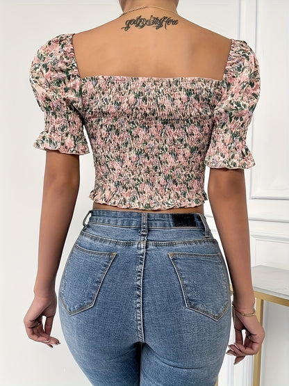 Floral Print Bow Front Blouse, Casual Short Sleeve Top For Spring & Summer, Women's Clothing