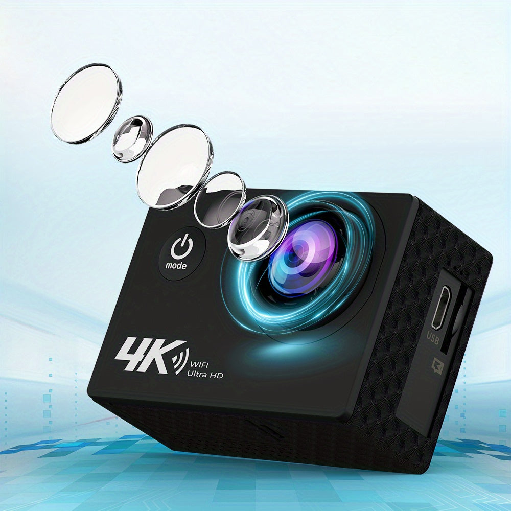 Ourlife 4K Ultra HD Action Camera with WiFi, 32GB Memory Card Included, Transparent Underwater Sports Camera, Digital Zoom, Automatic Focus, LCD Display, Rechargeable Battery, Ideal for Outdoor Adventures, Underwater Photogra
