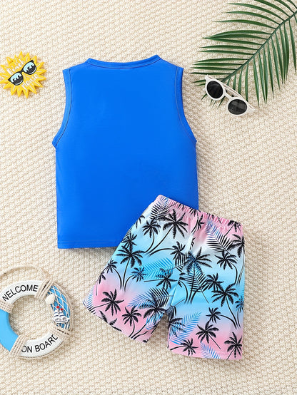 Boy's Coconut Trees Casual Outfit Round Neck Tank Top & Shorts Comfortable Breathable For Summer Kids Clothes Sets, Ideal For Daily & Outdoor Wear
