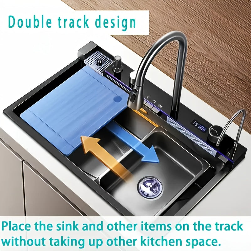 A Single-bowl Design Named 'Whale Rainfall Kitchen Sink' For Halloween And Christmas, Crafted From 304 Nanometre Stainless Steel. Features A Digital Display And Embossed Texture, Complete With Tap. Drainage Outlet Positioned