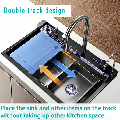 A Single-bowl Design Named 'Whale Rainfall Kitchen Sink' For Halloween And Christmas, Crafted From 304 Nanometre Stainless Steel. Features A Digital Display And Embossed Texture, Complete With Tap. Drainage Outlet Positioned