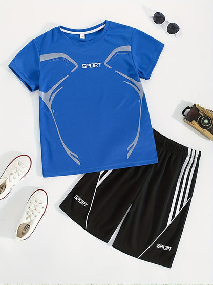 2pcs Boy's "Sport" Outfit Short Sleeves Round Neck T-shirt & Shorts Casual For Summer Daily And Outdoor Wear