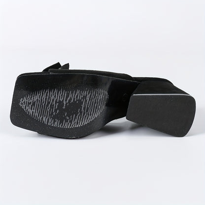 Chic Ladies' Summer Slippers - Black Chunky Heel Open Toe Mules, Women's High Heeled Square Toe Fashion Knit Slip-Ons with Comfortable Rubber Sole