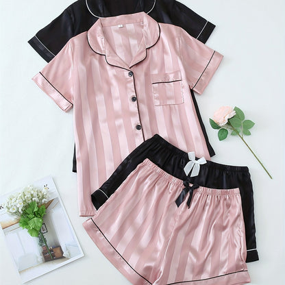 2 Sets Women's Striped Satin Casual Pajama Set, Short Sleeve Buttons Lapel Top & Shorts, Comfortable Relaxed Fit