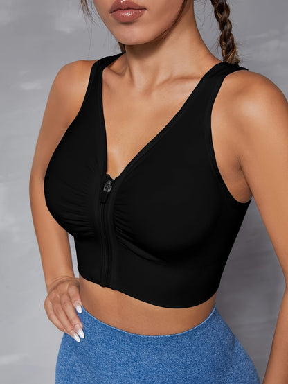 Women's Seamless Sports Bra With Zipper Front, Wide Shoulder Straps, Padded, Wire-Free, Comfort Fit, Racerback, Gym Fitness Yoga Bra Top