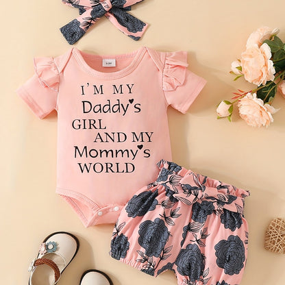 3pcs Short Sleeve & Shorts Set for Newborns - "I'm Daddy's Girl" Letter Print Pants and Headband, Mommy's World Alphabet Kids' Outfit, Perfect for Outdoor