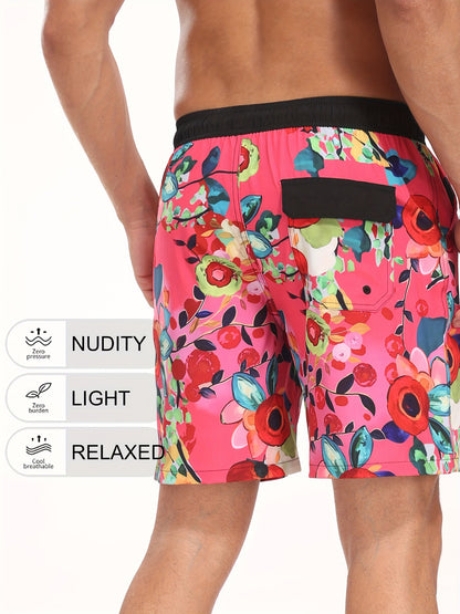 Men's Quick-Dry Beach Shorts with Tropical Palm Tree & Palm Leaf Print - Breathable Stretch Fabric for Summer, Outdoor, Hiking, Swimming - Machine Washable Casual Athletic Shorts, Outdoor Activewear, Summer Shorts