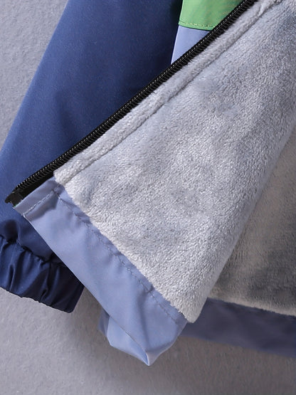 Boys' Casual Hooded Windbreaker Jacket, 100% Polyester, Long Sleeve Raglan Zip-Up Outdoor Coat with Alphabet Pattern, Non-Stretch Fabric, Regular Fit for Fall/Winter - Warm & Windproof