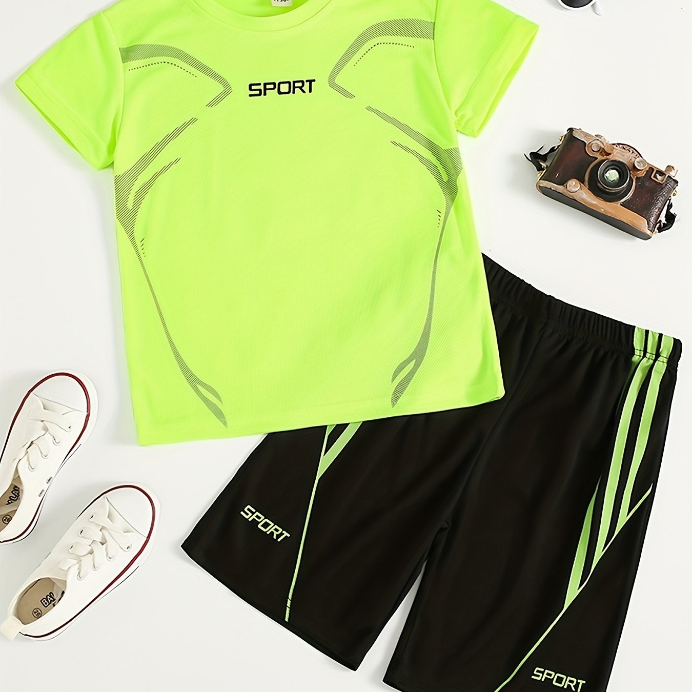 2pcs Boy's "Sport" Outfit Short Sleeves Round Neck T-shirt & Shorts Casual For Summer Daily And Outdoor Wear